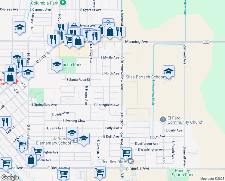 map of restaurants, bars, coffee shops, grocery stores, and more near 1666 East Red Beaut Circle in Reedley