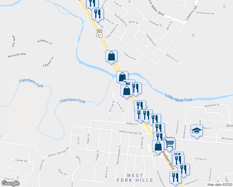 map of restaurants, bars, coffee shops, grocery stores, and more near 42 East Fork Drive in Clarksville