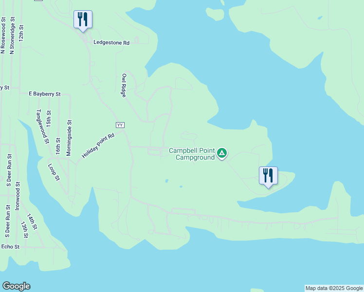 map of restaurants, bars, coffee shops, grocery stores, and more near 399 Campbell Point Road in Shell Knob