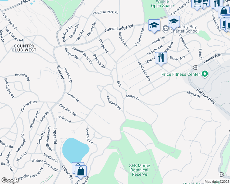 map of restaurants, bars, coffee shops, grocery stores, and more near 1139 Arrowhead Road in Del Monte Forest