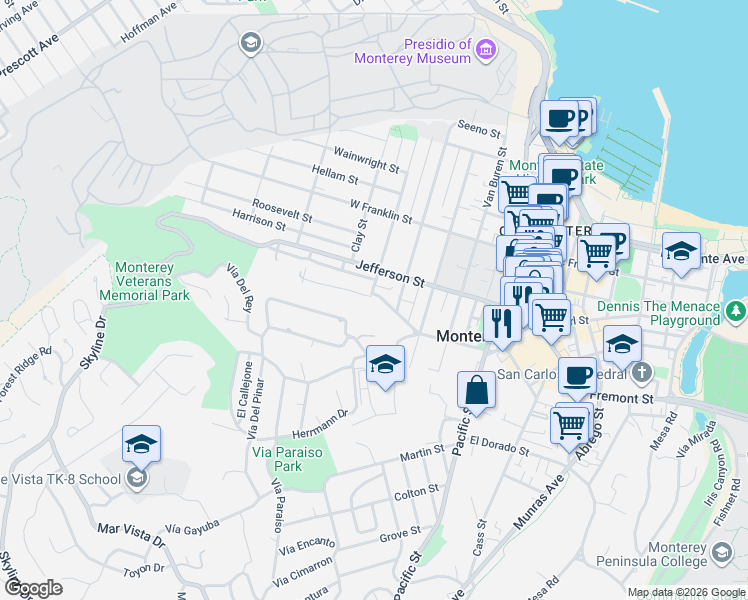 map of restaurants, bars, coffee shops, grocery stores, and more near 769 Madison Street in Monterey