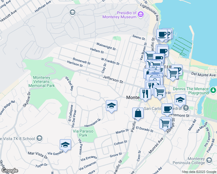 map of restaurants, bars, coffee shops, grocery stores, and more near 769 Madison Street in Monterey