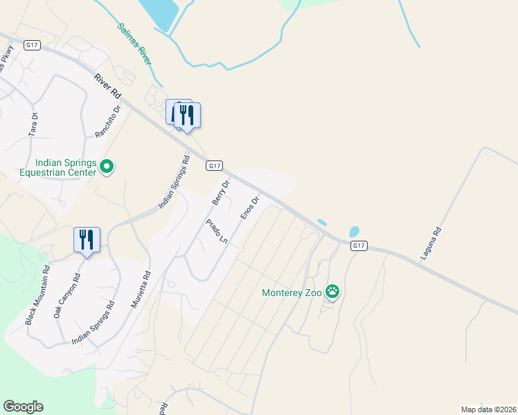 map of restaurants, bars, coffee shops, grocery stores, and more near 116 Enos Drive in Salinas