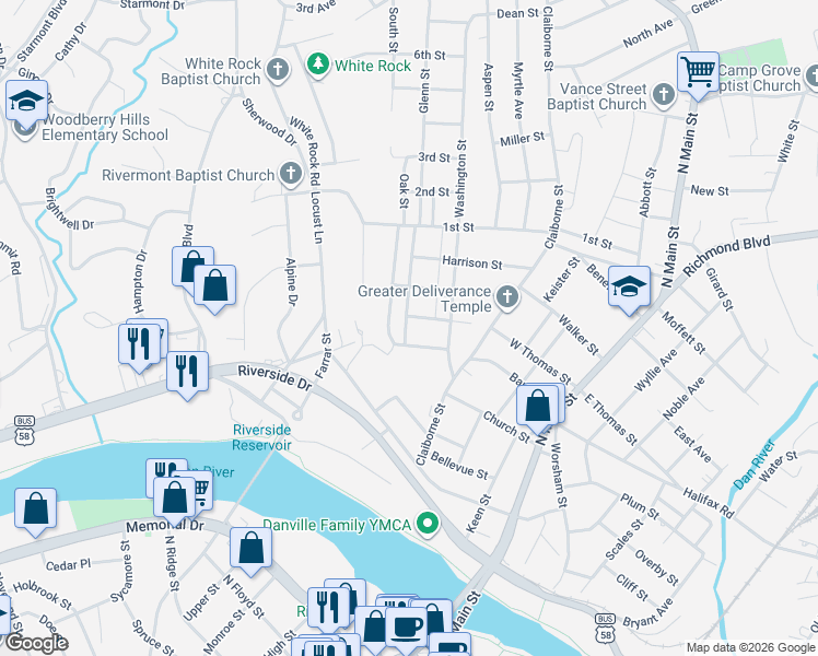 map of restaurants, bars, coffee shops, grocery stores, and more near 810 Adams Street in Danville