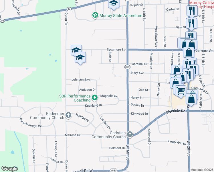 map of restaurants, bars, coffee shops, grocery stores, and more near The Lane in Murray