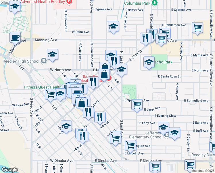 map of restaurants, bars, coffee shops, grocery stores, and more near 1131 C St in Reedley