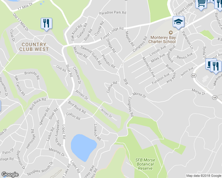 map of restaurants, bars, coffee shops, grocery stores, and more near 2911 Colton Road in Del Monte Forest