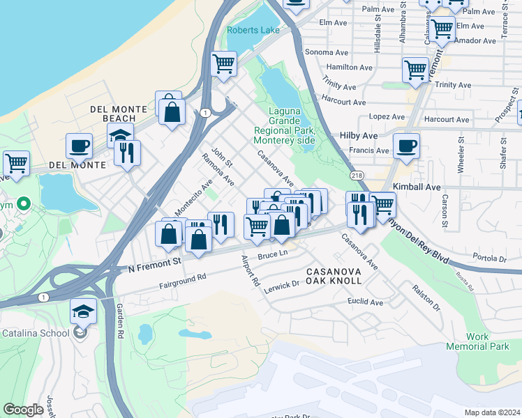 map of restaurants, bars, coffee shops, grocery stores, and more near 468 Ramona Avenue in Monterey