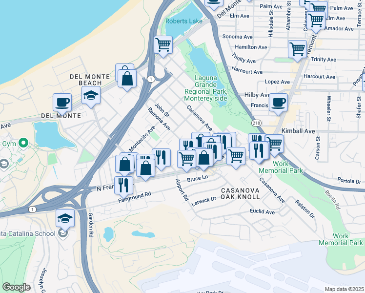 map of restaurants, bars, coffee shops, grocery stores, and more near 468 Ramona Avenue in Monterey