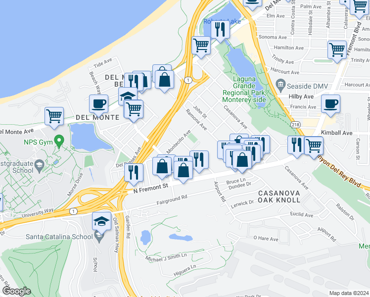 map of restaurants, bars, coffee shops, grocery stores, and more near 420 Dela Vina Avenue in Monterey