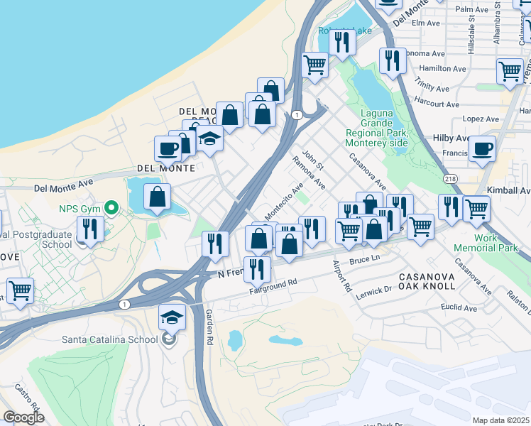 map of restaurants, bars, coffee shops, grocery stores, and more near 115 Montecito Avenue in Monterey