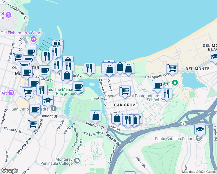 map of restaurants, bars, coffee shops, grocery stores, and more near 1051 Second Street in Monterey