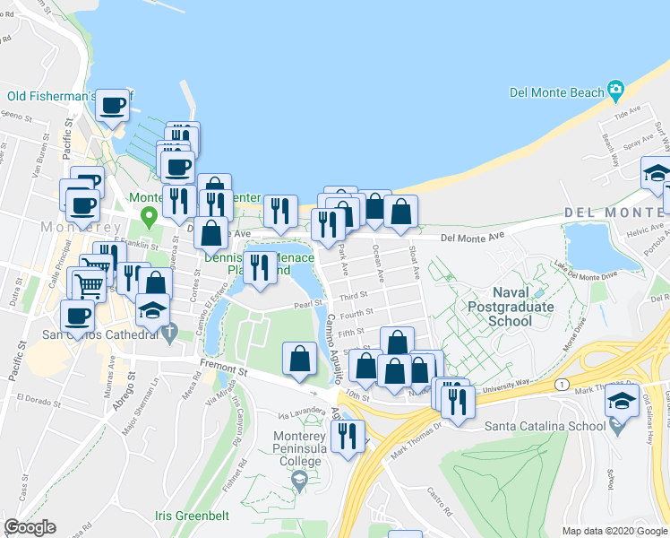 map of restaurants, bars, coffee shops, grocery stores, and more near 1072 First Street in Monterey
