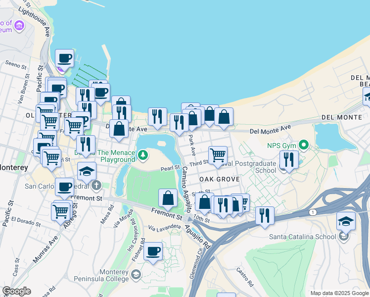 map of restaurants, bars, coffee shops, grocery stores, and more near 1051 Second Street in Monterey
