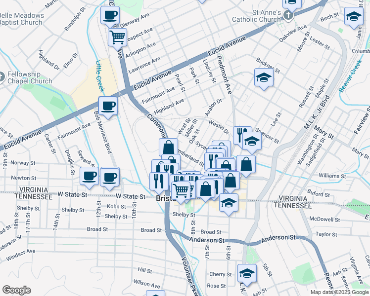 map of restaurants, bars, coffee shops, grocery stores, and more near 100-198 Oak Street in Bristol