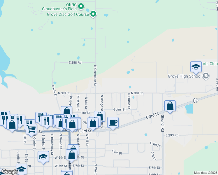 map of restaurants, bars, coffee shops, grocery stores, and more near 307 North 3rd Street in Grove