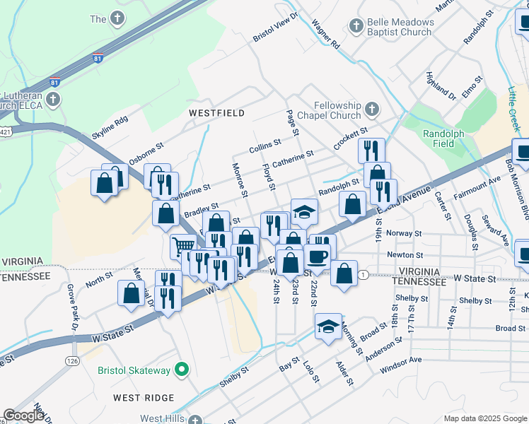 map of restaurants, bars, coffee shops, grocery stores, and more near 2308 Randolph Street in Bristol
