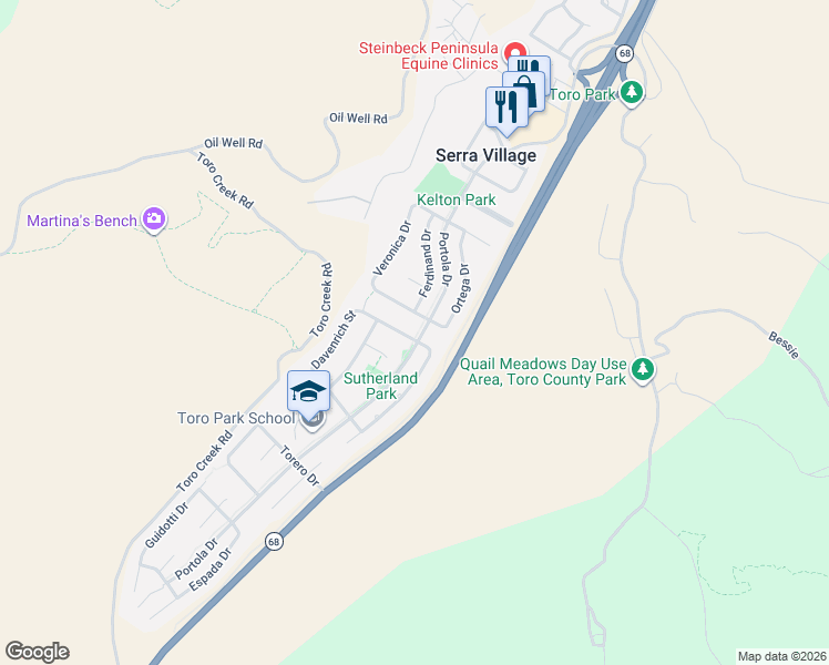 map of restaurants, bars, coffee shops, grocery stores, and more near 22331 Davenrich Street in Salinas