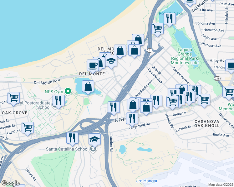 map of restaurants, bars, coffee shops, grocery stores, and more near 314 Del Robles Avenue in Monterey