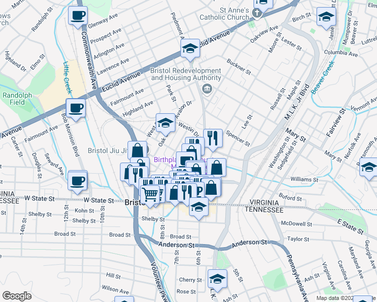 map of restaurants, bars, coffee shops, grocery stores, and more near 210 Johnson Street in Bristol