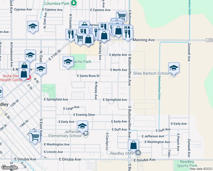 map of restaurants, bars, coffee shops, grocery stores, and more near 1388 East Red Beaut Circle in Reedley