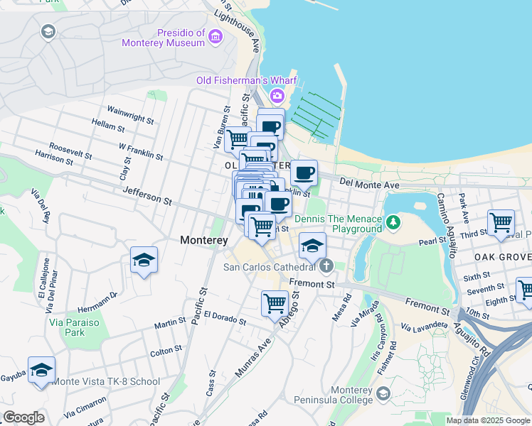 map of restaurants, bars, coffee shops, grocery stores, and more near 459 Alvarado Street in Monterey