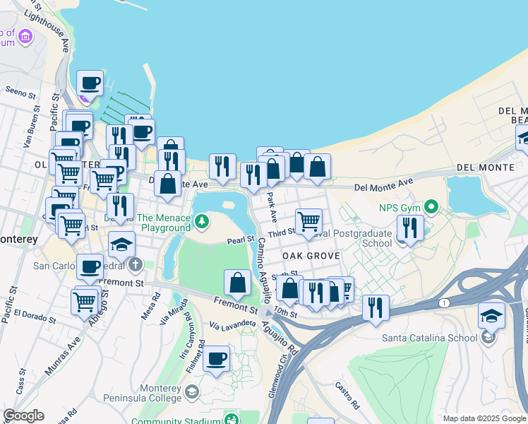 map of restaurants, bars, coffee shops, grocery stores, and more near 1072 First Street in Monterey