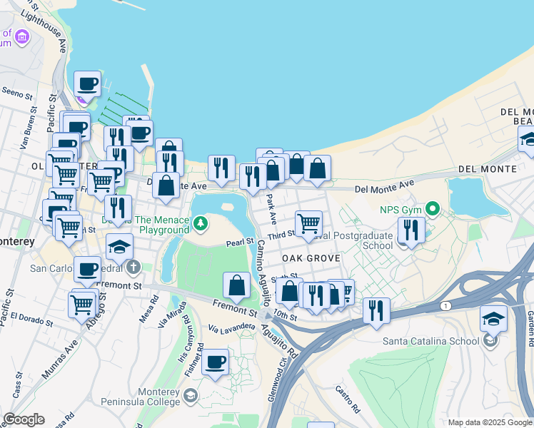 map of restaurants, bars, coffee shops, grocery stores, and more near 1086 First Street in Monterey