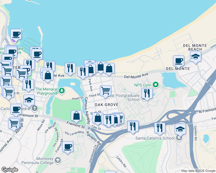 map of restaurants, bars, coffee shops, grocery stores, and more near 1250 Second Street in Monterey