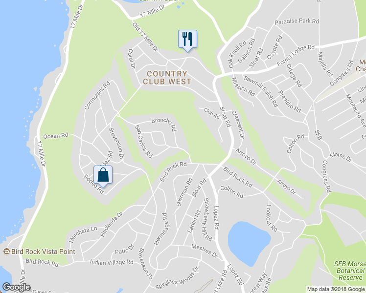 map of restaurants, bars, coffee shops, grocery stores, and more near 1081 San Carlos Road in Del Monte Forest