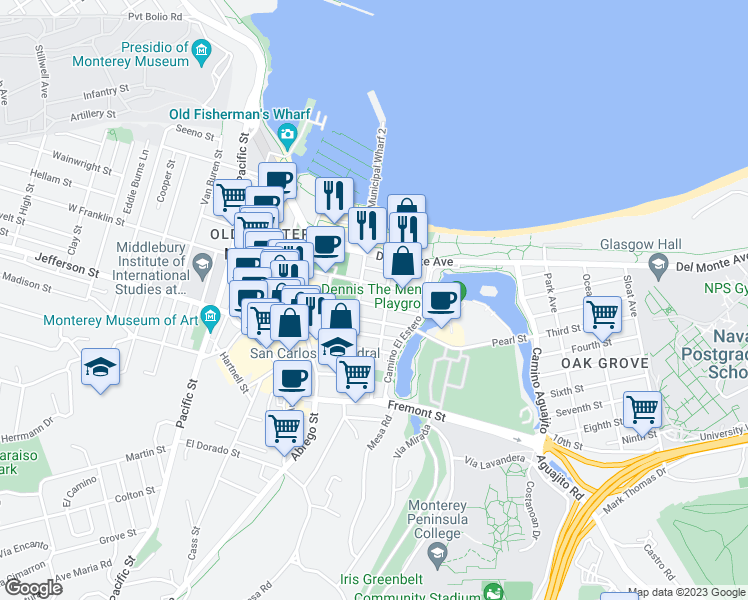 map of restaurants, bars, coffee shops, grocery stores, and more near 555 Anthony Street in Monterey