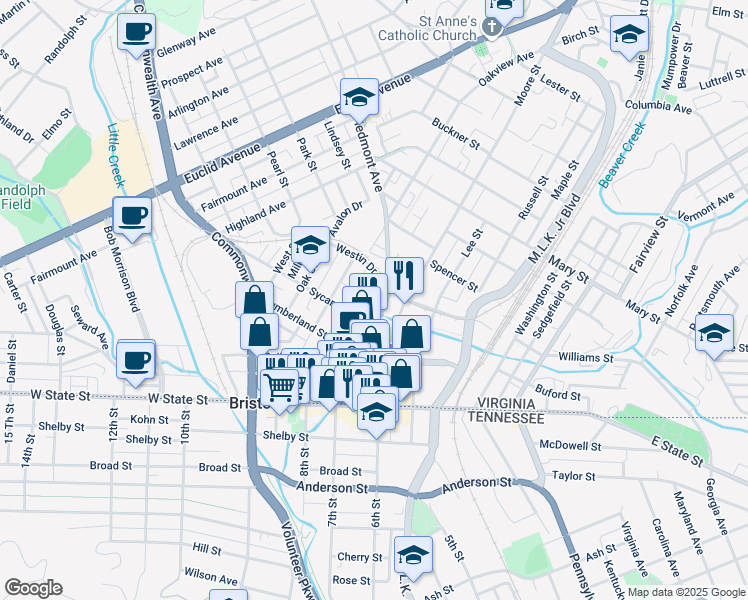 map of restaurants, bars, coffee shops, grocery stores, and more near 217 Johnson Street in Bristol