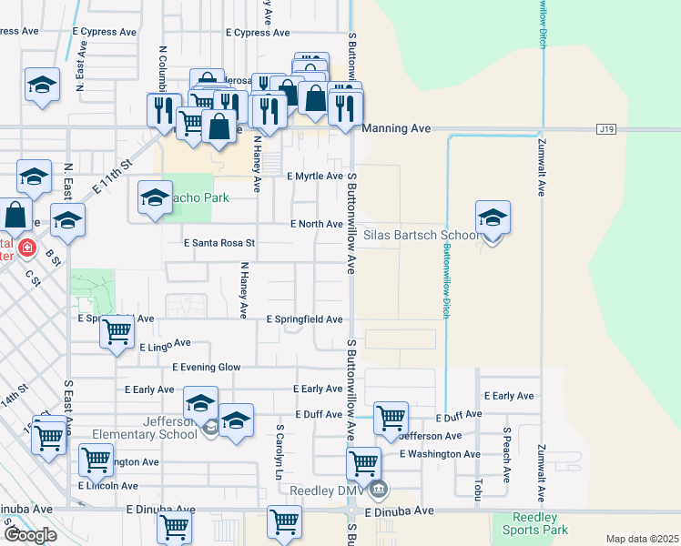 map of restaurants, bars, coffee shops, grocery stores, and more near 1666 East Red Beaut Circle in Reedley
