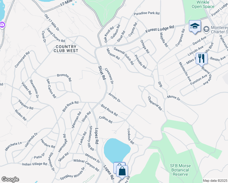 map of restaurants, bars, coffee shops, grocery stores, and more near 2983 Crescent Drive in Del Monte Forest