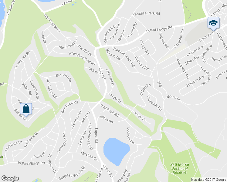 map of restaurants, bars, coffee shops, grocery stores, and more near 2983 Crescent Drive in Del Monte Forest