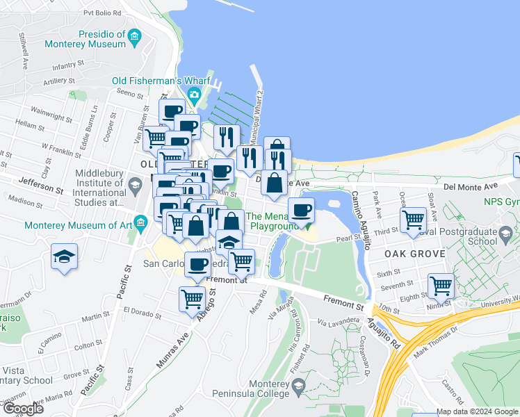 map of restaurants, bars, coffee shops, grocery stores, and more near 447 Anthony Street in Monterey