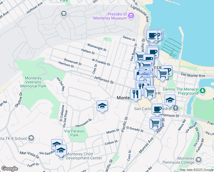map of restaurants, bars, coffee shops, grocery stores, and more near 551 Watson Street in Monterey