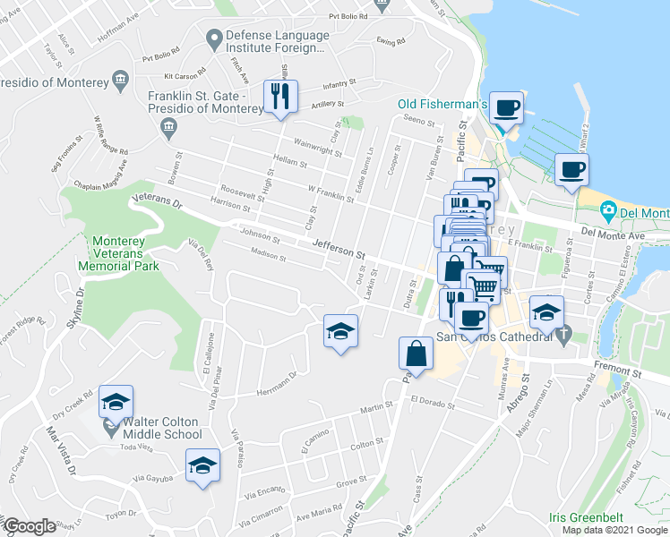 map of restaurants, bars, coffee shops, grocery stores, and more near 769 Madison Street in Monterey