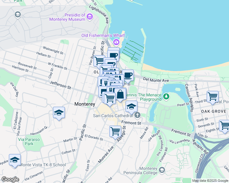 map of restaurants, bars, coffee shops, grocery stores, and more near 456 Washington Street in Monterey