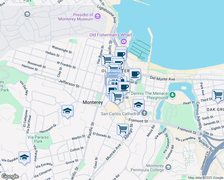 map of restaurants, bars, coffee shops, grocery stores, and more near 459 Alvarado Street in Monterey