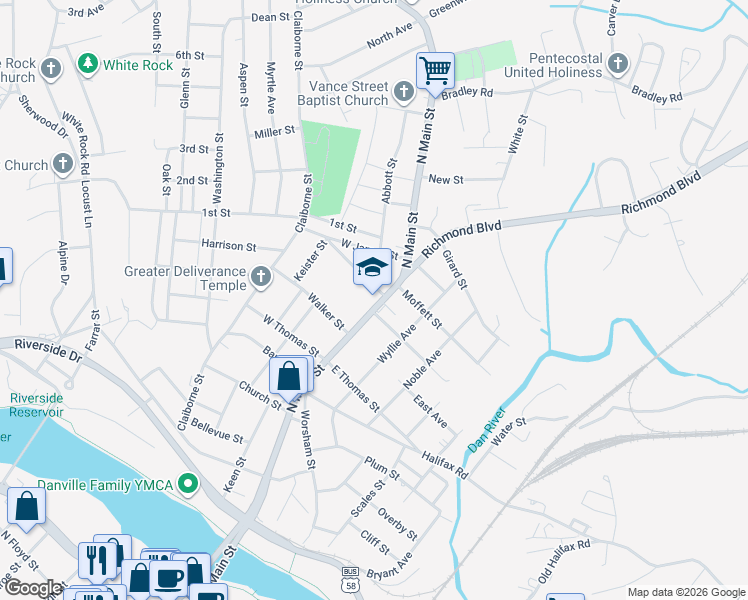 map of restaurants, bars, coffee shops, grocery stores, and more near 1005 North Main Street in Danville