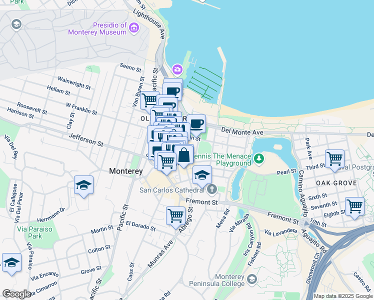 map of restaurants, bars, coffee shops, grocery stores, and more near 456 Washington Street in Monterey
