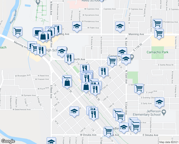 map of restaurants, bars, coffee shops, grocery stores, and more near 950 F St in Reedley
