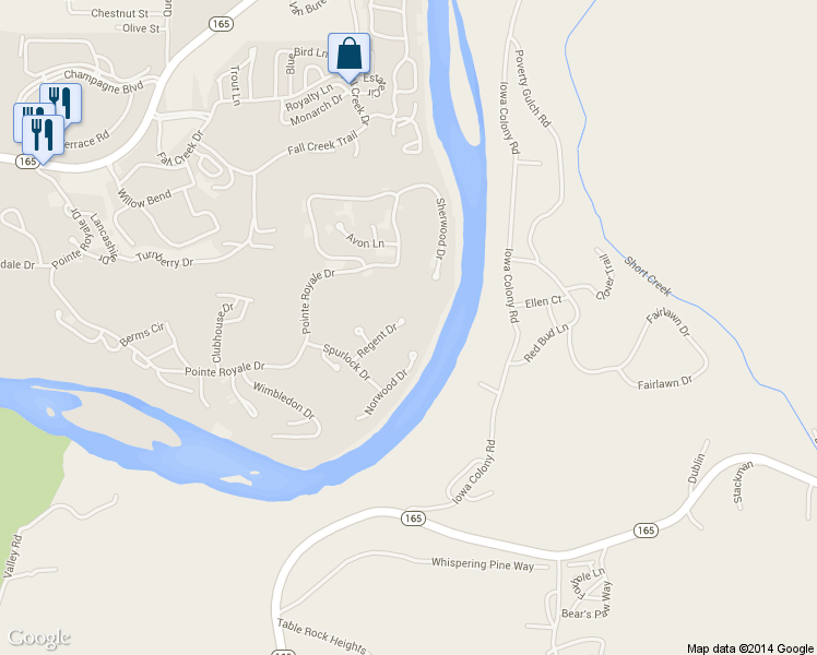 map of restaurants, bars, coffee shops, grocery stores, and more near 230 Regent Dr in Branson