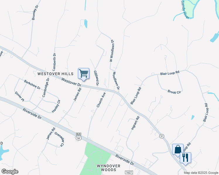 map of restaurants, bars, coffee shops, grocery stores, and more near 2418 Westover Drive in Danville