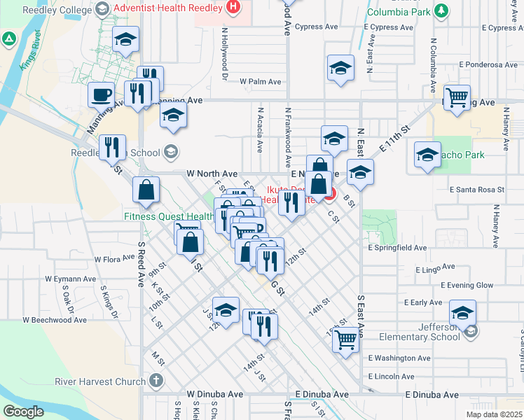 map of restaurants, bars, coffee shops, grocery stores, and more near 950 F Street in Reedley