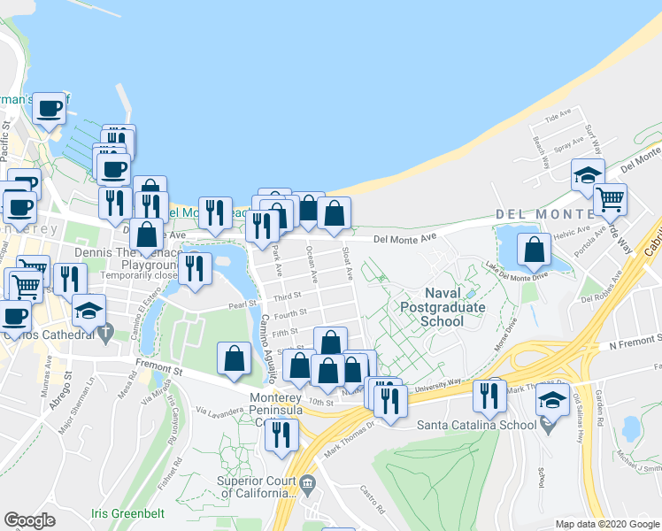 map of restaurants, bars, coffee shops, grocery stores, and more near 1250 Second Street in Monterey