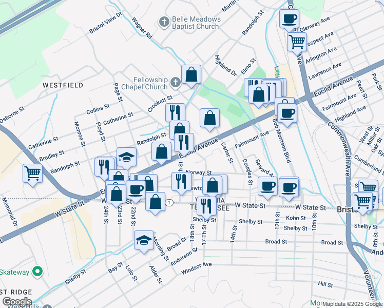 map of restaurants, bars, coffee shops, grocery stores, and more near 188-190 Vance St in Bristol