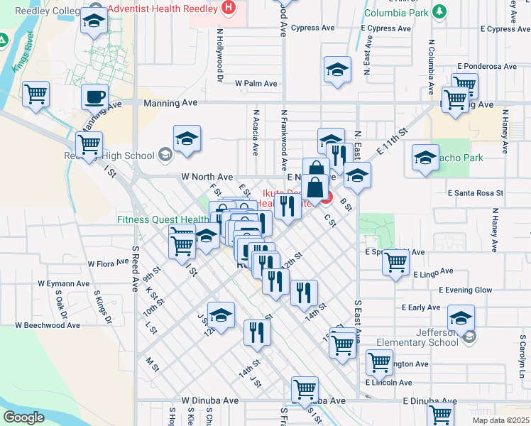 map of restaurants, bars, coffee shops, grocery stores, and more near 10th St & E St in Reedley