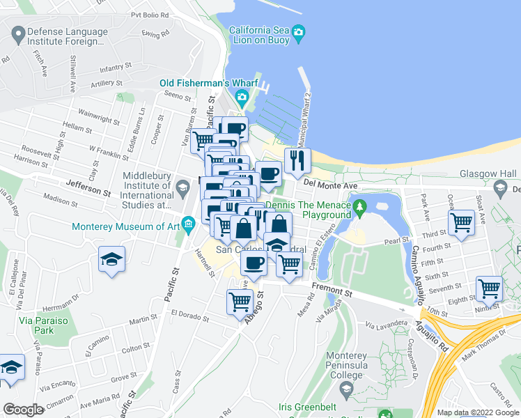 map of restaurants, bars, coffee shops, grocery stores, and more near 451 Adams Street in Monterey
